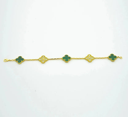 [Joyas Regalia] PULSERA DE MALAQUITA Y DIAMANTES CON 5 MOTIVOS DE TRÉBOL