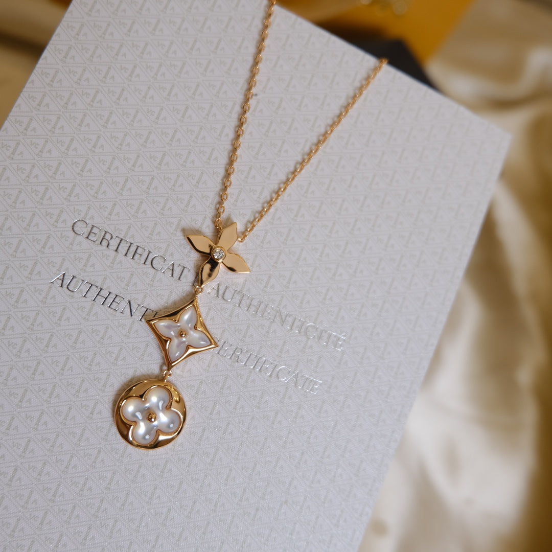 [Regalia jewelry]COLOR BLOSSOM LARIAT NECKLACE PINK GOLD WHITE MOTHER PEARL AND DIAMOND