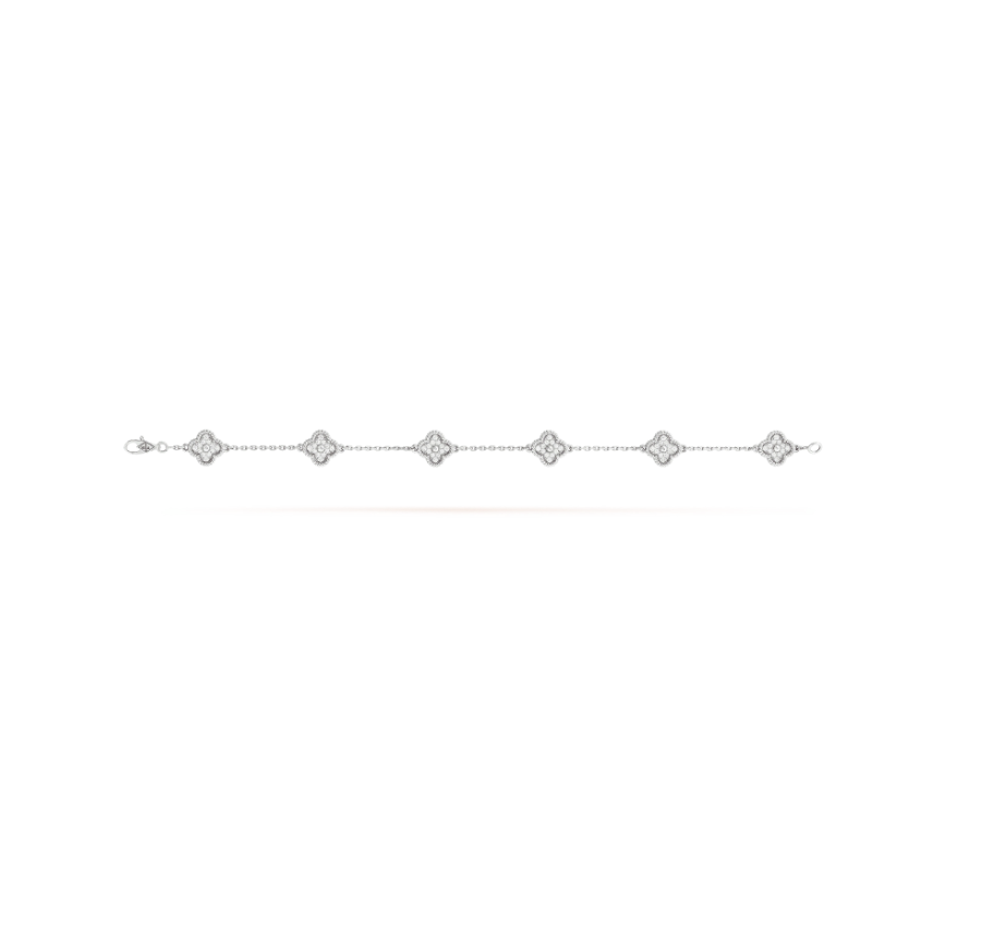 [Joyas Regalia] PULSERA DE PLATA CON DIAMANTES Y 6 MOTIVOS DE TRÉBOL