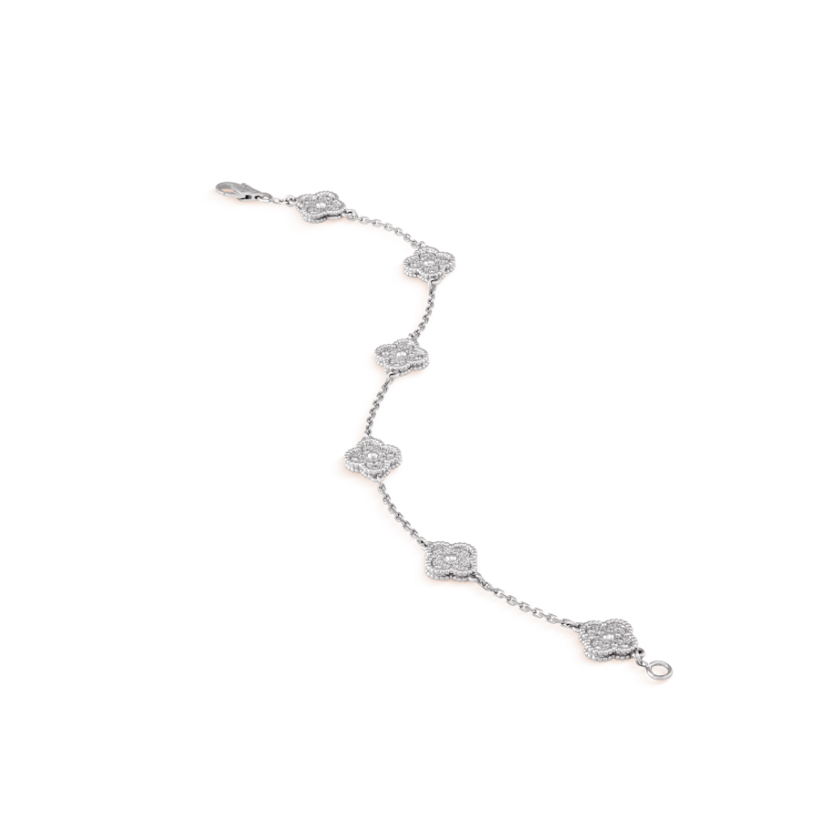 [Joyas Regalia] PULSERA DE PLATA CON DIAMANTES Y 6 MOTIVOS DE TRÉBOL