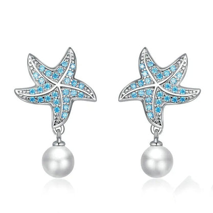 Boucles d'oreilles à tige en forme d'étoile de mer en zircon bleu océan Boucles d'oreilles pendantes en perles de coquillage