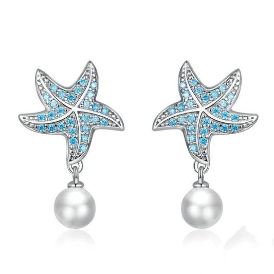 Boucles d'oreilles à tige en forme d'étoile de mer en zircon bleu océan Boucles d'oreilles pendantes en perles de coquillage