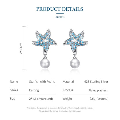 Boucles d'oreilles à tige en forme d'étoile de mer en zircon bleu océan Boucles d'oreilles pendantes en perles de coquillage