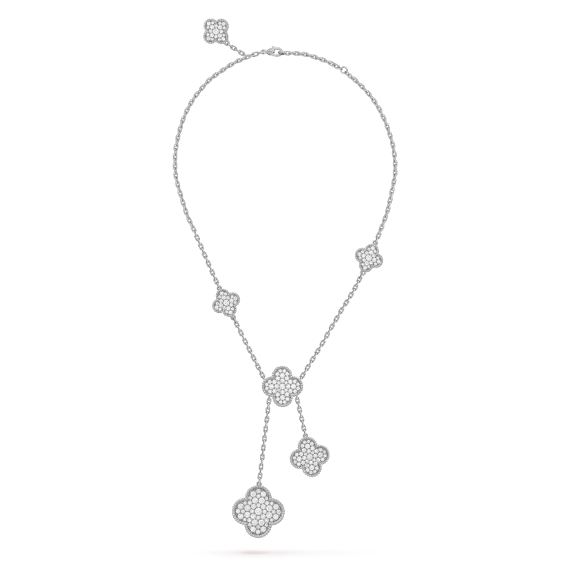 [Joyas Regalia] COLLAR DE PLATA Y DIAMANTES CON 5 MOTIVOS DE TRÉBOL