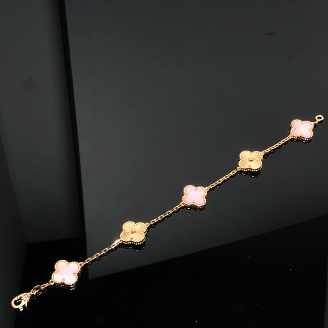 [Joyas Regalia]PULSERA TRÉBOL 5 MOTIVOS ROSA Y ORO ROSA