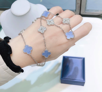 [Regalia jewelry]CLOVERS THE 10-MOTIFS CHALCEDONY DIAMONDS SILVER NECKLACE